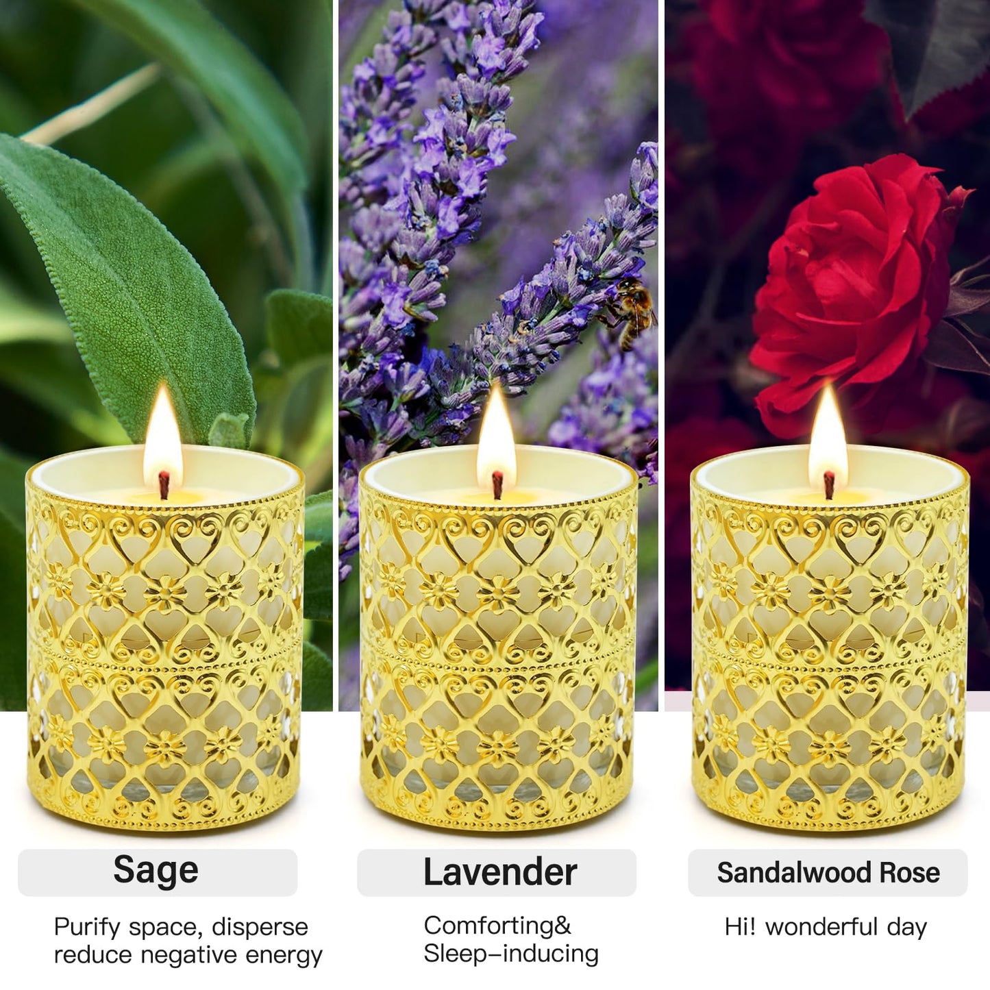 6 Pack Scented Candles with Gold Holders - 120 Hours Total