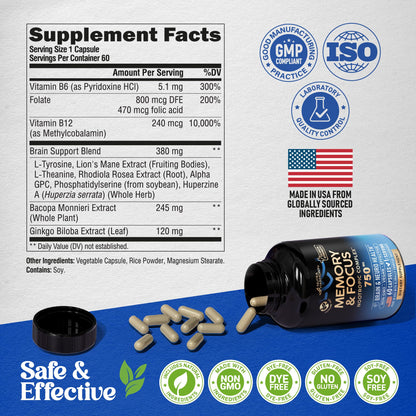 Brain Supplement 750 mg – 12-in-1 Nootropic for Memory & Focus | Made in USA, 60 Capsules
