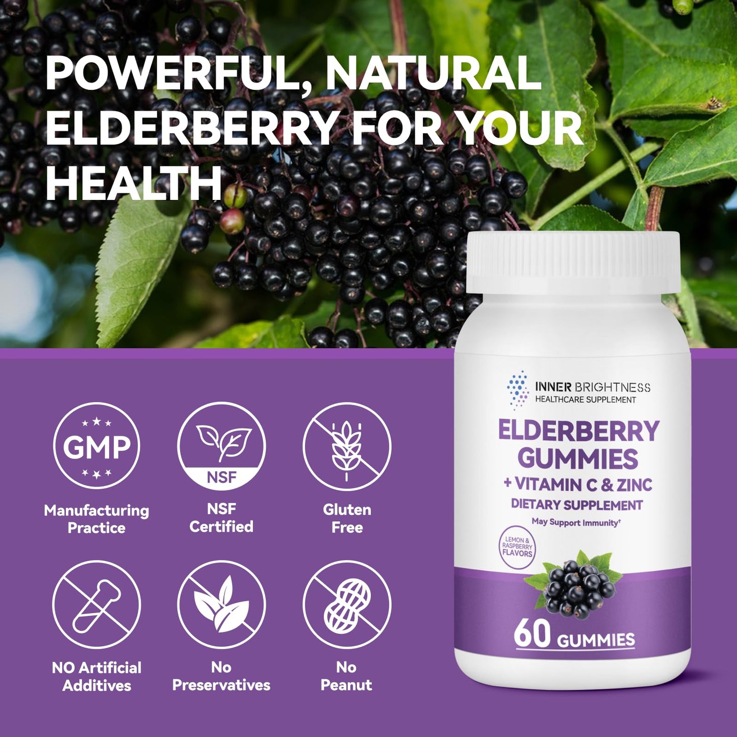 Inner Brightness Elderberry Gummies for Adults – 60 Count | Immune Support with Vitamin C & Zinc | Vegan, Non-GMO, Gluten-Free | 2-Month Supply