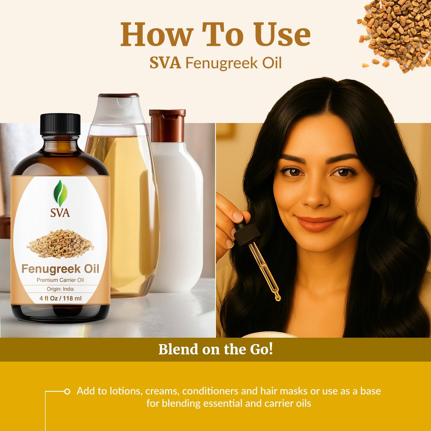 SVA Fenugreek Oil 4oz (118ml) – Premium Carrier Oil for Hair, Scalp & Skin Care (Dropper)