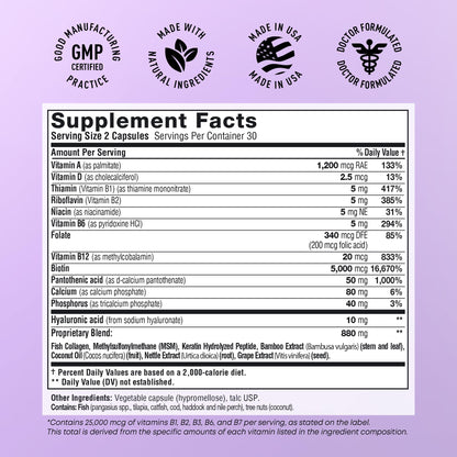 Biotin & Collagen with Keratin – 25000 mcg, Hair Skin Nails – 60 Capsules – Made in USA