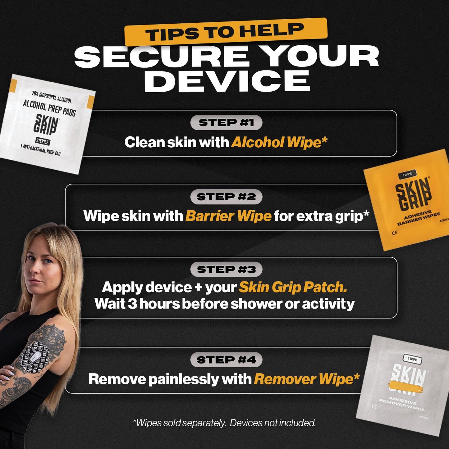 Skin Grip Adhesive Remover Wipes – 50 Ct | Gentle Skin-Safe Removal for Dexcom & CGMs