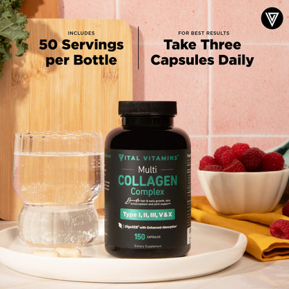 Vital Vitamins Multi Collagen - 5 Types I-V-X - Grass-Fed, 150 Capsules