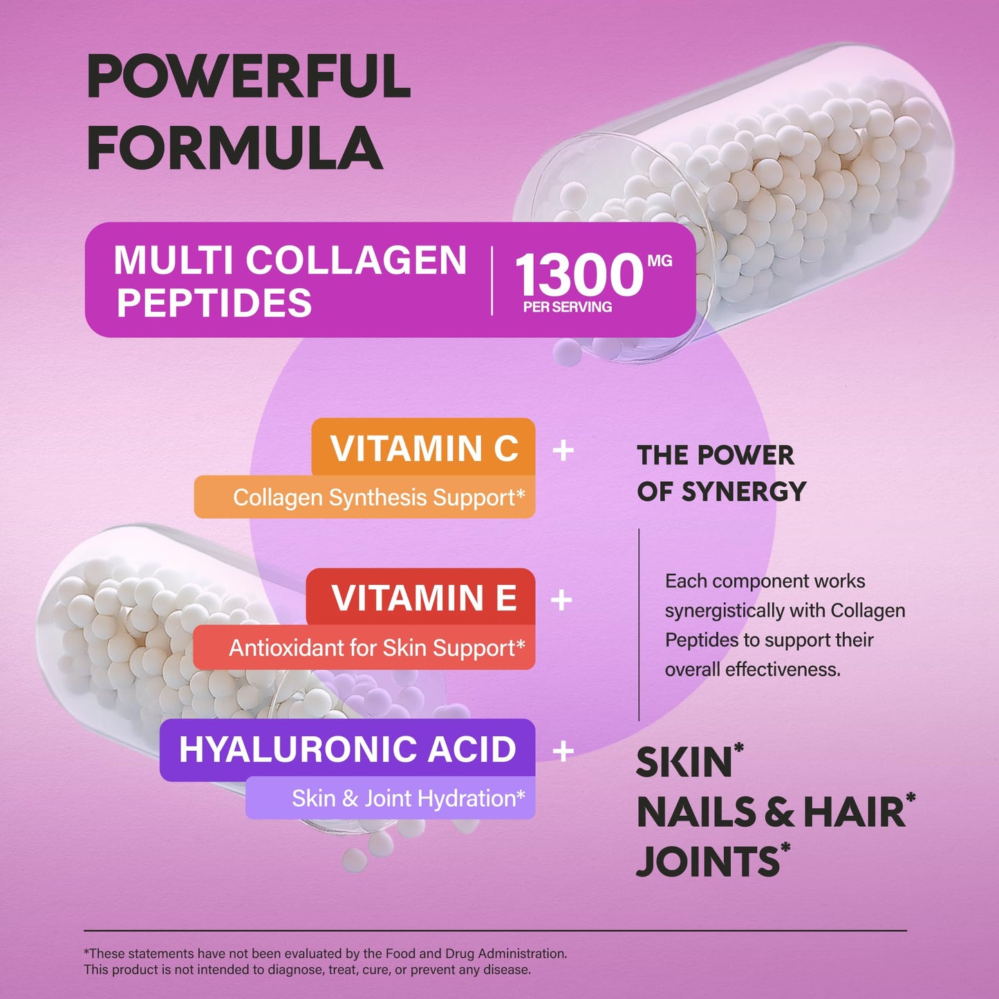 Multi Collagen Peptides 1300mg + Hyaluronic Acid | Skin, Hair, Nails & Joints - Made in USA
