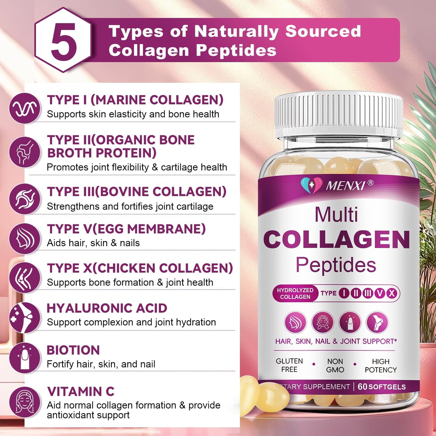 Multi Collagen Peptides Softgels – Types I, II, III, V, X – Biotin, Vitamin C & Hyaluronic Acid – Skin, Hair, Nails & Joints – Non-GMO, 60 Softgels