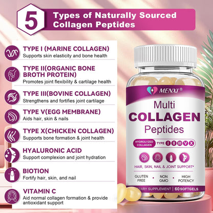 Multi Collagen Peptides Softgels – Types I, II, III, V, X – Biotin, Vitamin C & Hyaluronic Acid – Skin, Hair, Nails & Joints – Non-GMO, 60 Softgels