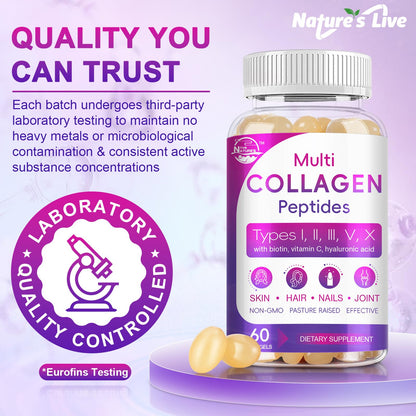 Multi Collagen Peptides Softgels (Type I-X) with Biotin, Vitamin C & Hyaluronic Acid | Grass-Fed, Non-GMO | 60 Softgels, 2-Pack