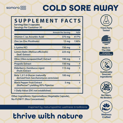 Samara 888 L Lysine Cold Sore Support – Herbal Immune Boost with Zinc & Olive Leaf, 90 Capsules