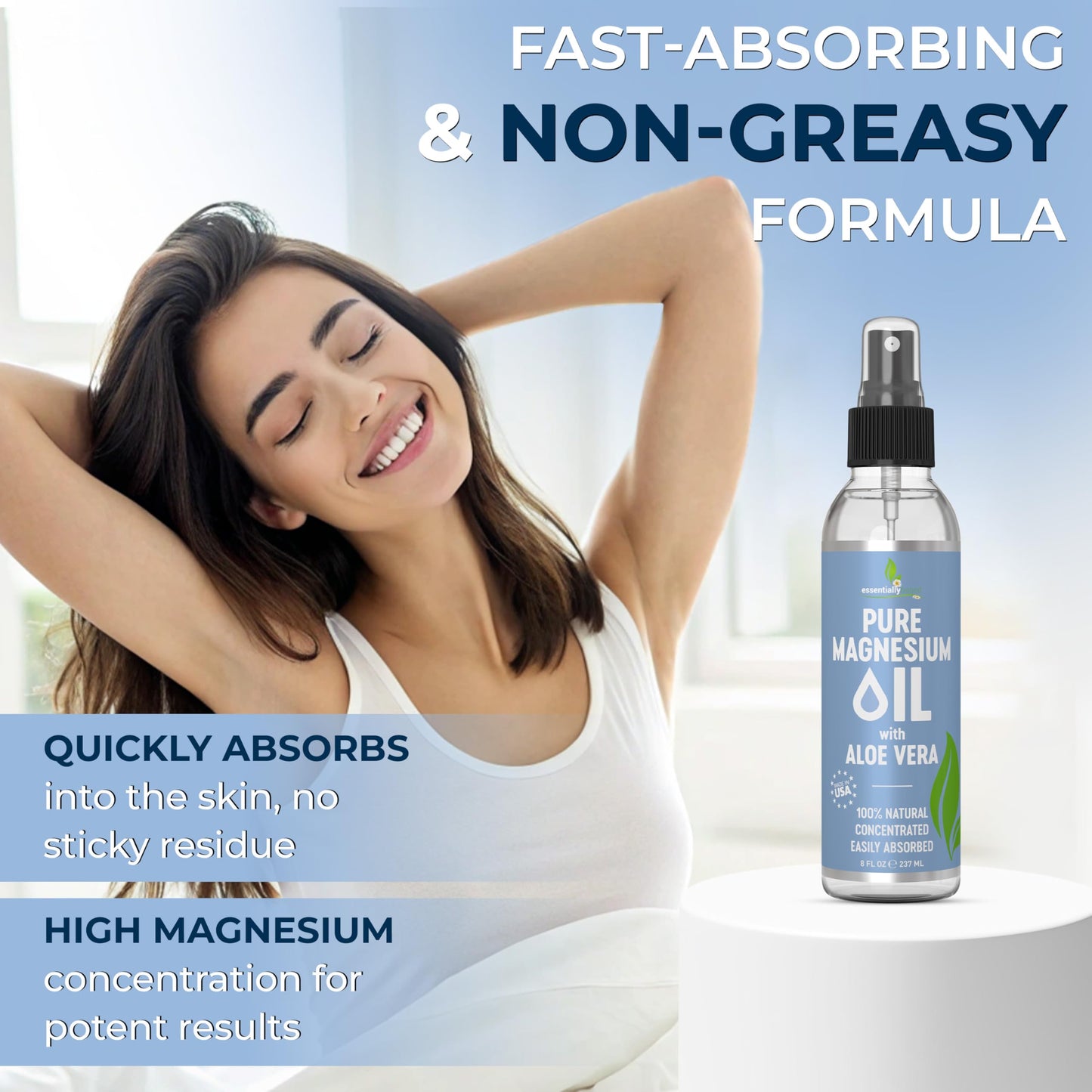 Pure Magnesium Oil Spray with Aloe Vera 8oz - Topical Magnesium Spray - Less Itchy - 100% Organic Oil - Made in USA