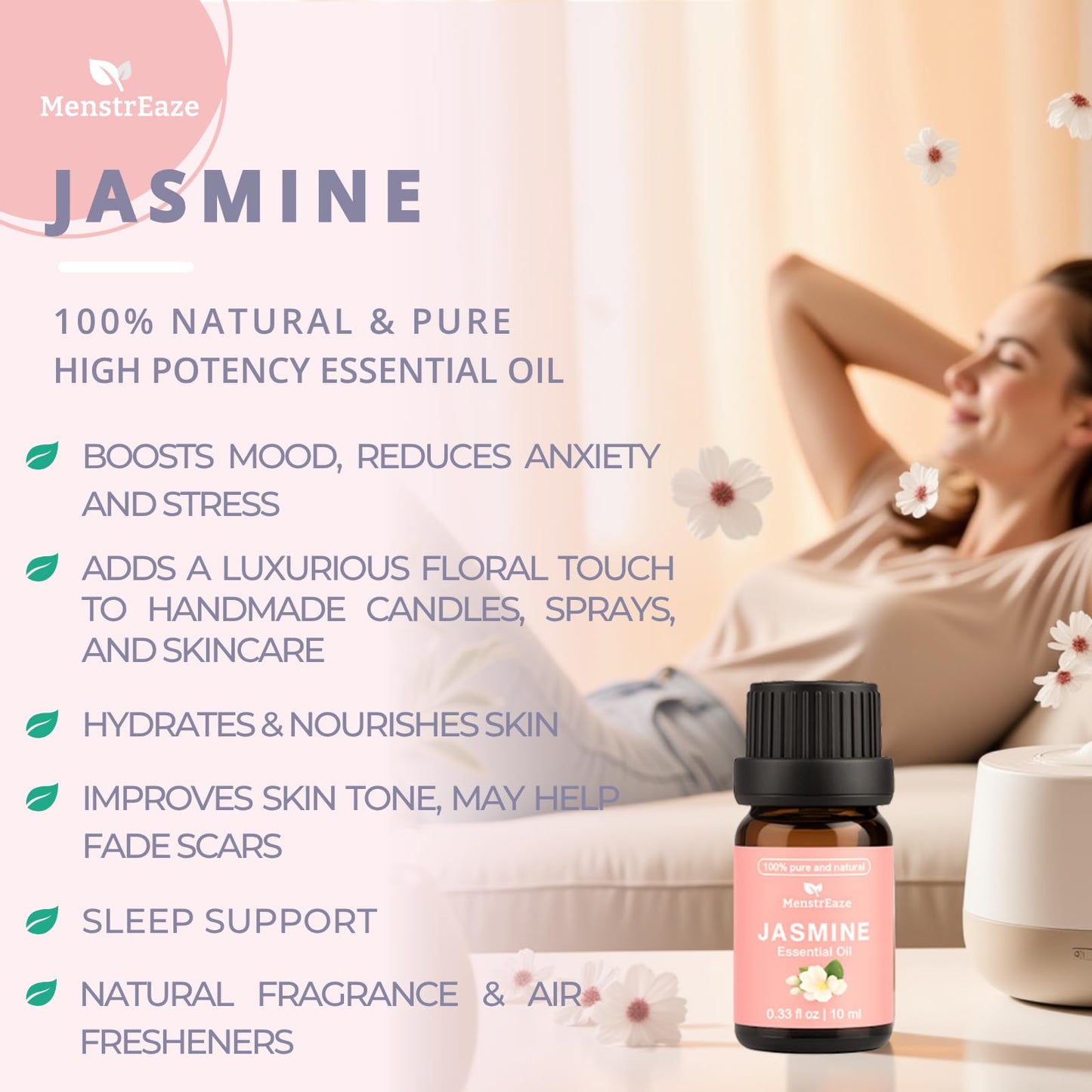 Skin Safe Jasmine Essential Oil – 100% Pure & Natural, 10ml (Therapeutic Grade) for Diffusers