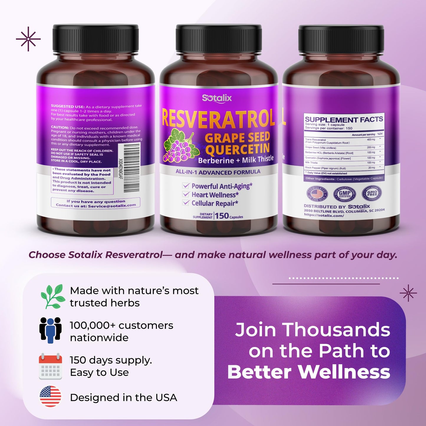 Resveratrol with Grape Seed + Quercetin, Berberine & Milk Thistle - USA Made