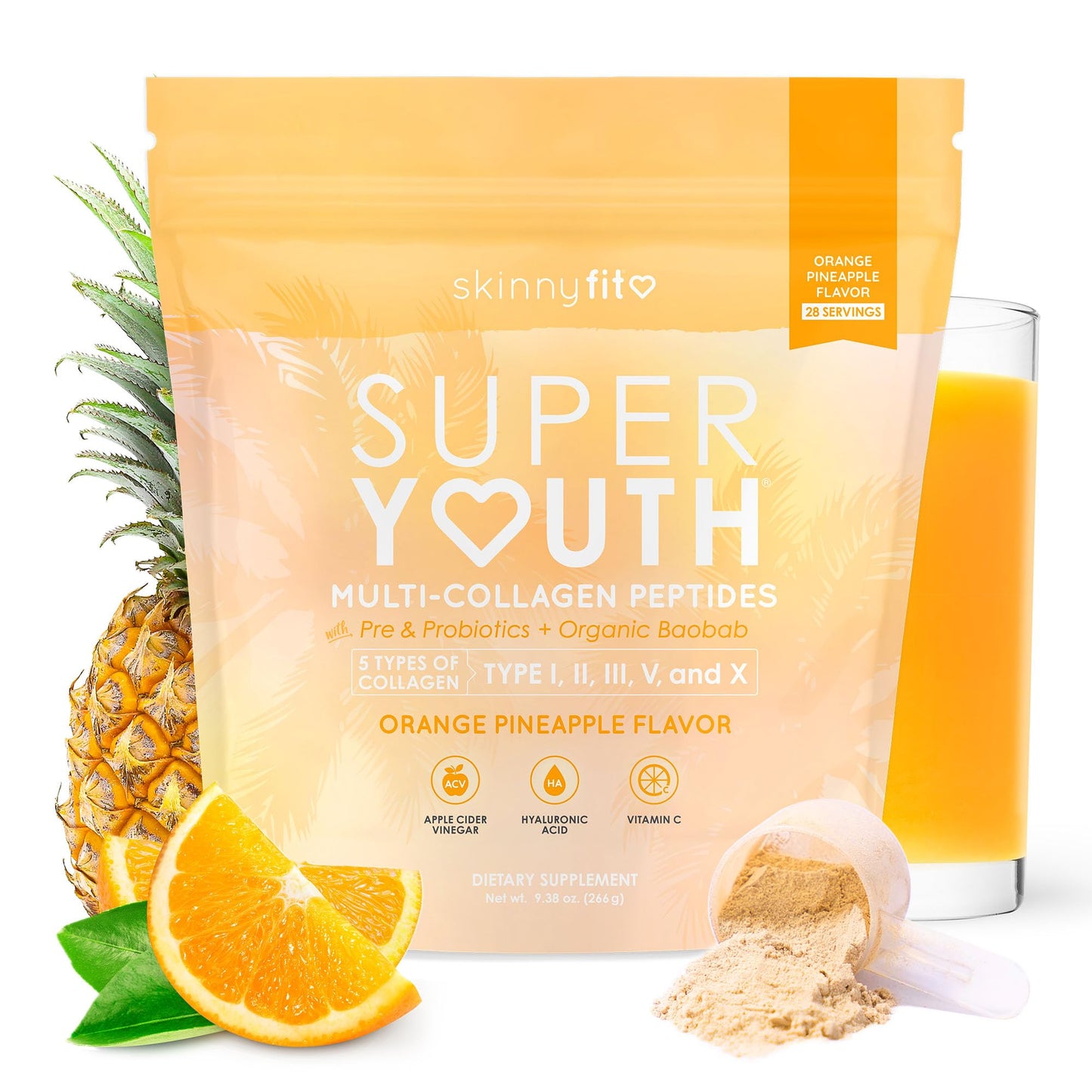 SkinnyFit Super Youth Collagen for Women - Multi-Collagen Peptides Powder with Probiotics, Fiber & Hyaluronic Acid | Orange Pineapple, 28 Servings
