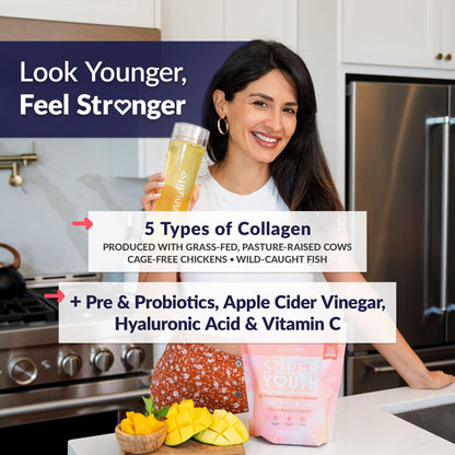 SkinnyFit Super Youth Collagen for Women - Peach Mango, 28 Servings | Multi-Collagen, Probiotics & Hyaluronic Acid