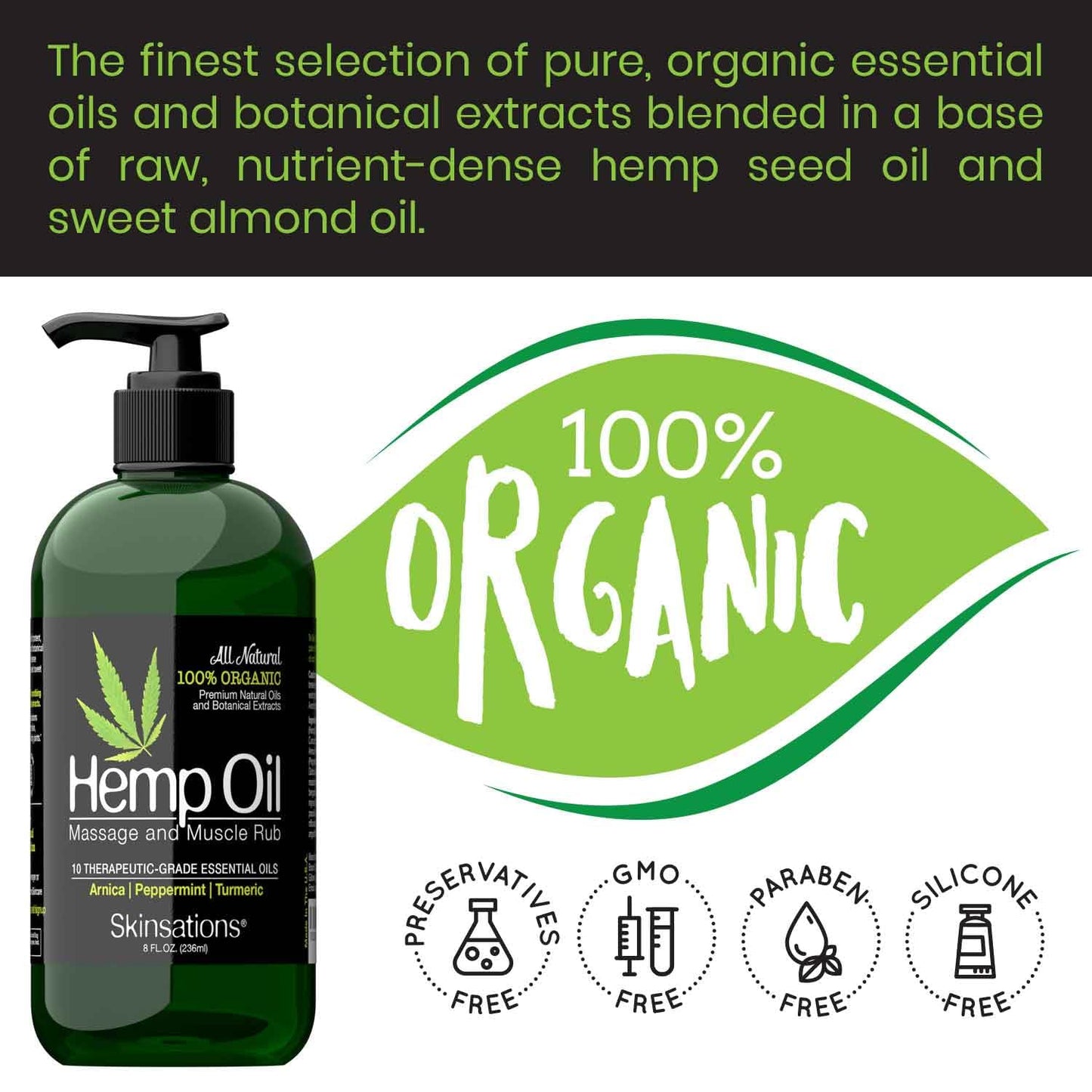 Skinsations Hemp Massage Oil & Sore Muscle Rub – Organic, 10 Essential Oils