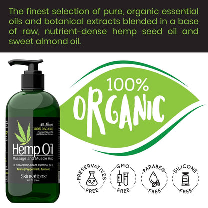 Skinsations Hemp Massage Oil & Sore Muscle Rub – Organic, 10 Essential Oils