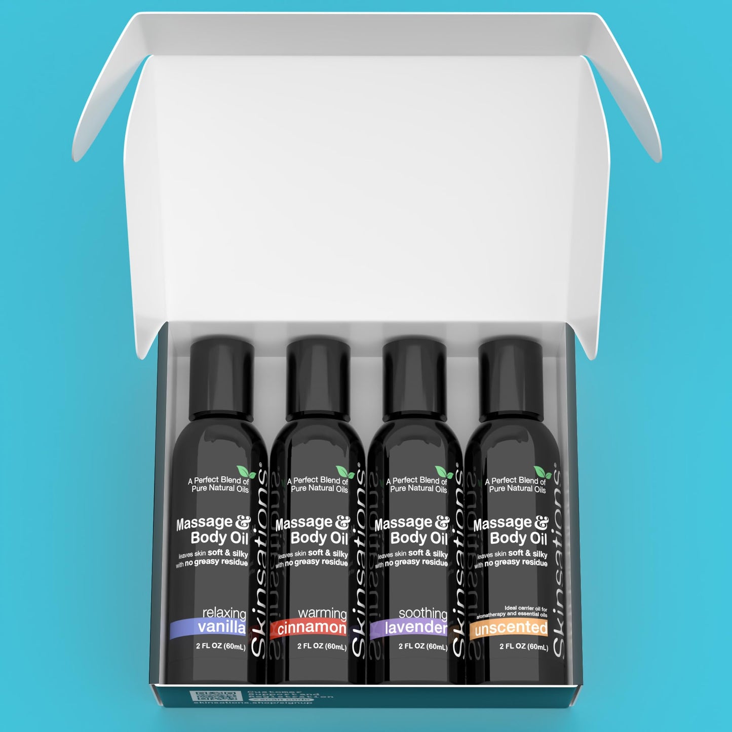 Skinsations Massage Oil Kit (Set of 4): Unscented, Vanilla, Cinnamon & Lavender - Travel Size