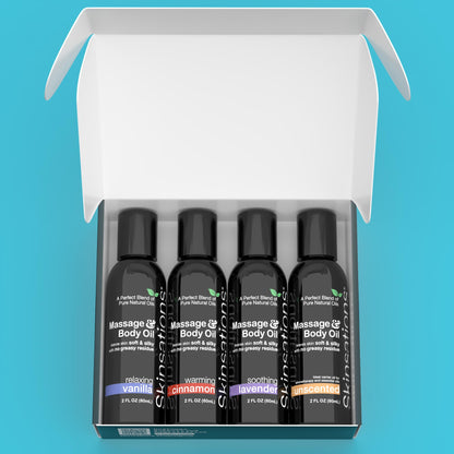 Skinsations Massage Oil Kit (Set of 4): Unscented, Vanilla, Cinnamon & Lavender - Travel Size