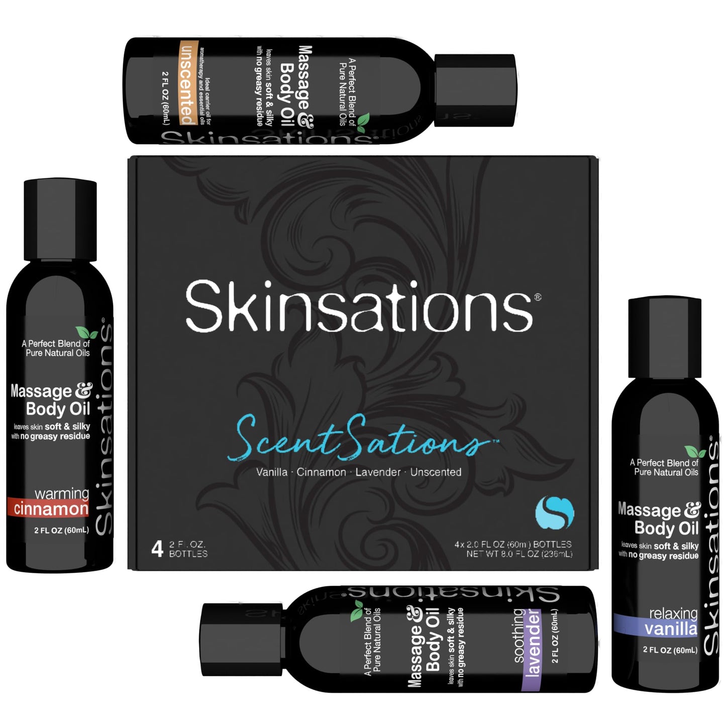Skinsations Massage Oil Kit (Set of 4): Unscented, Vanilla, Cinnamon & Lavender - Travel Size