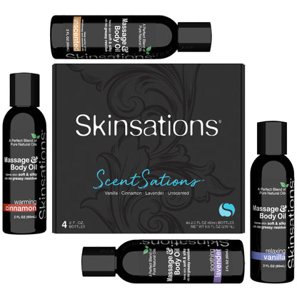 Skinsations Massage Oil Kit (Set of 4): Unscented, Vanilla, Cinnamon & Lavender - Travel Size