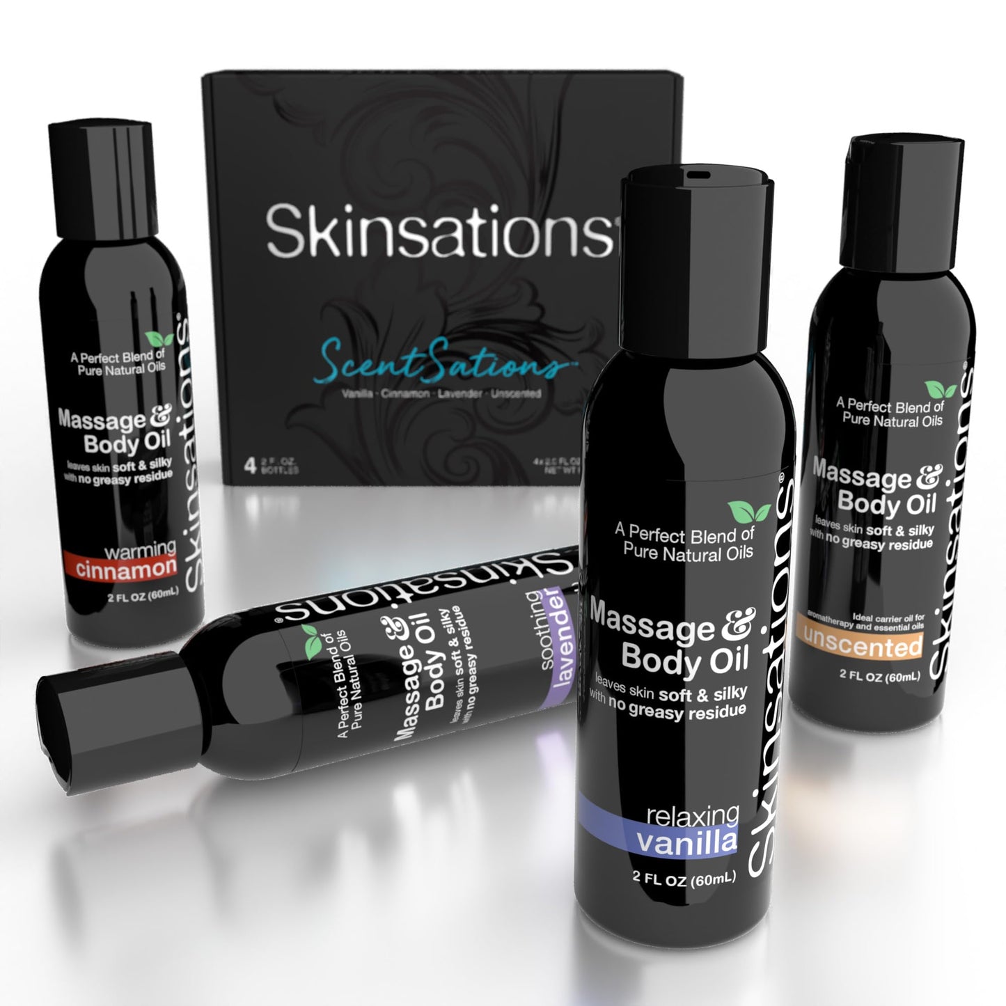 Skinsations Massage Oil Kit (Set of 4): Unscented, Vanilla, Cinnamon & Lavender - Travel Size