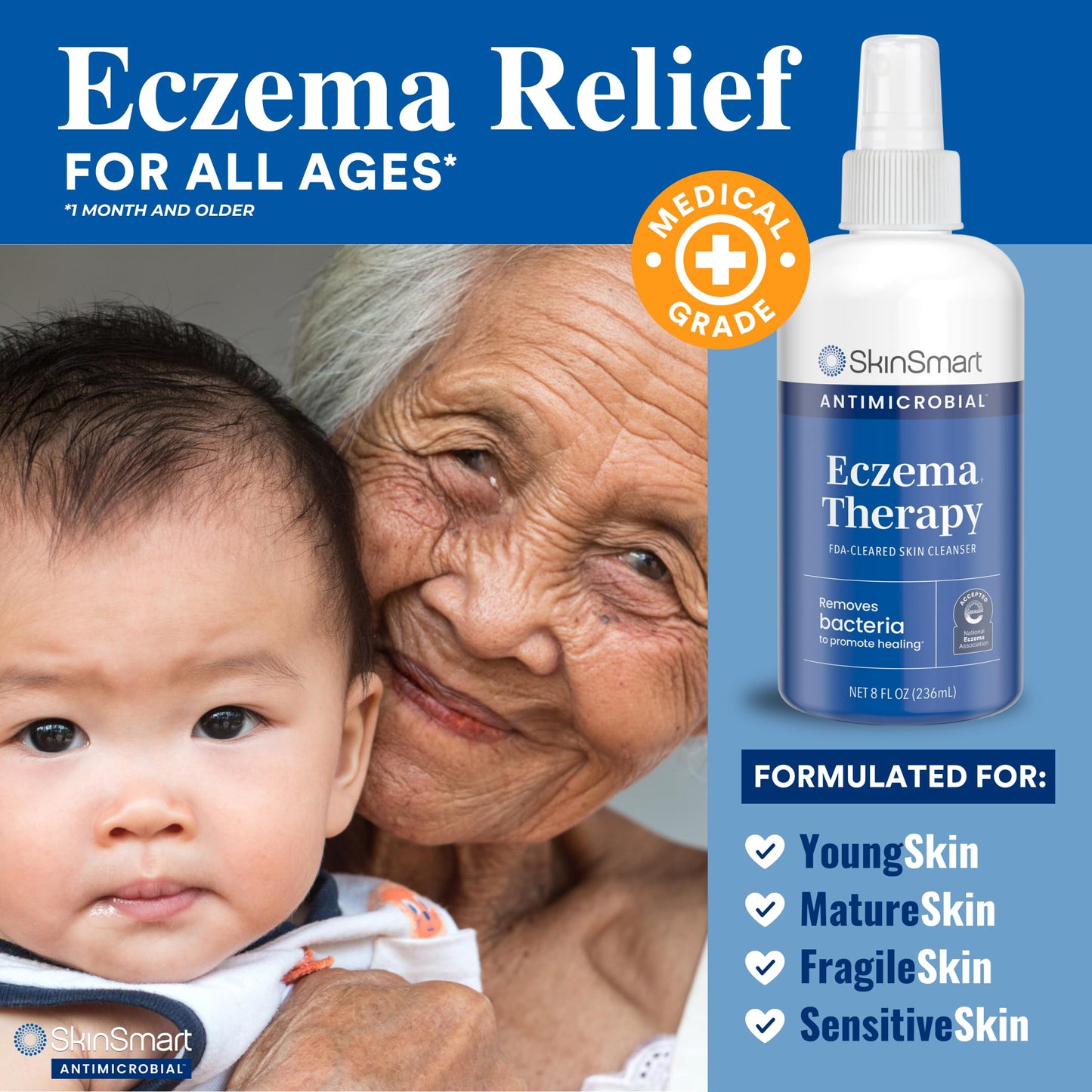 SkinSmart Antimicrobial Eczema Therapy with Hypochlorous Acid | 8 oz Clear Spray for Adults, Kids & Seniors