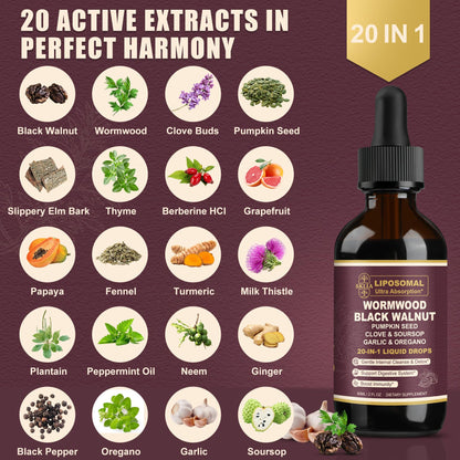 SKLIA 20-in-1 Liposomal Wormwood Cleanse Drops – Rapid Gut Cleanse & Digestive Support