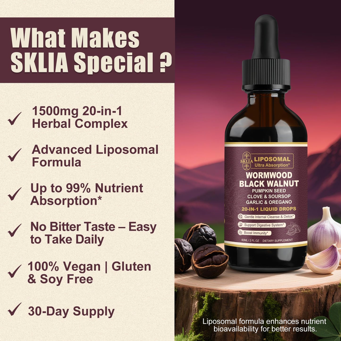 SKLIA 20-in-1 Liposomal Wormwood Cleanse Drops – Rapid Gut Cleanse & Digestive Support