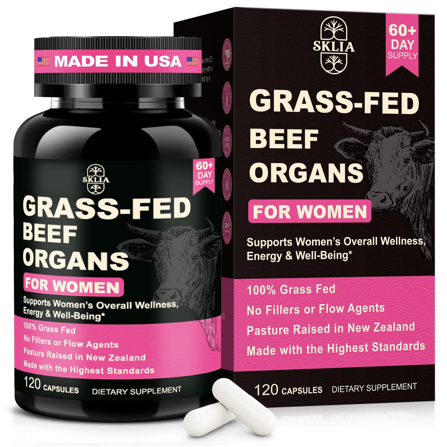 SKLIA Beef Organ Supplement for Women – Grass-Fed NZ (120ct) | Energy & Wellness