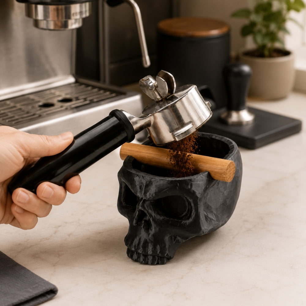 Gothic Skull Espresso Knock Box with Oak Bar KNOCDIC®