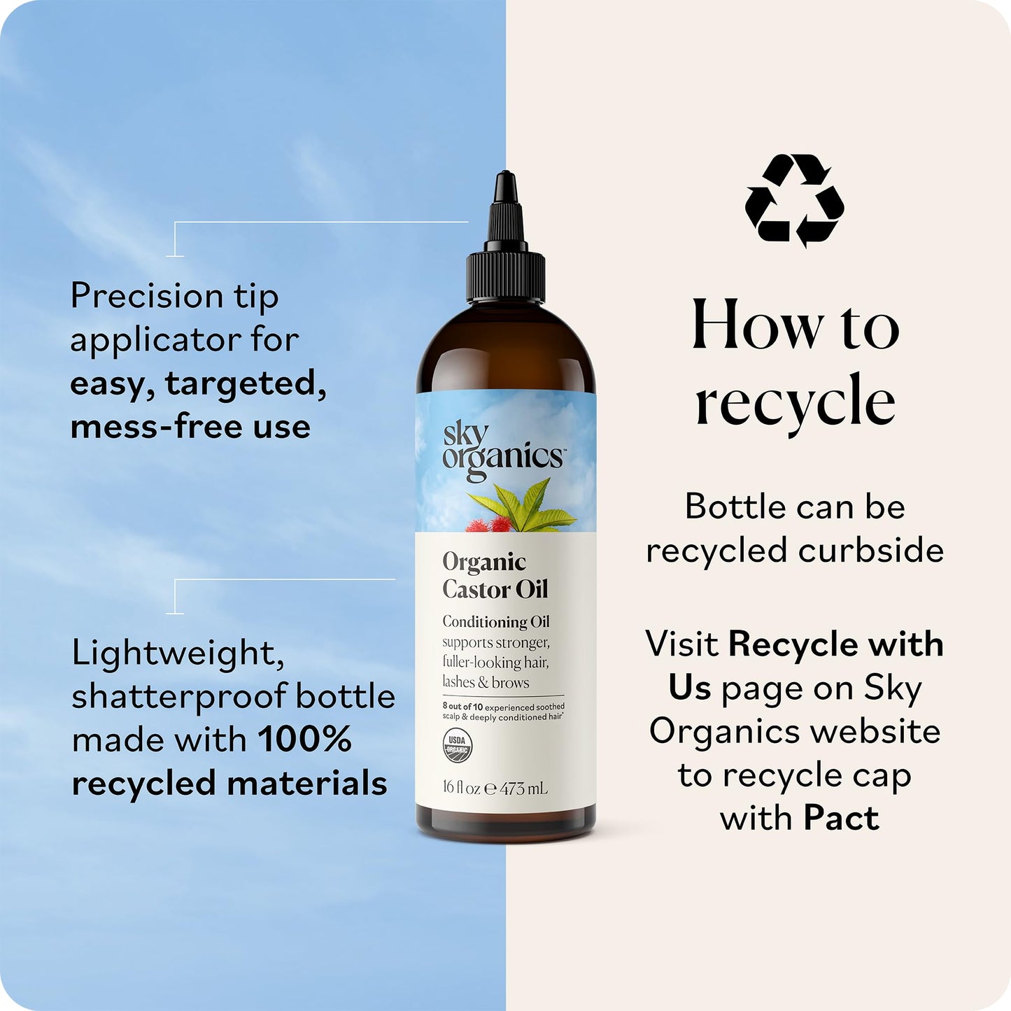 Sky Organics Castor Oil - USDA Organic Hair Growth Oil, Skin & Lashes - Cold-Pressed 16oz