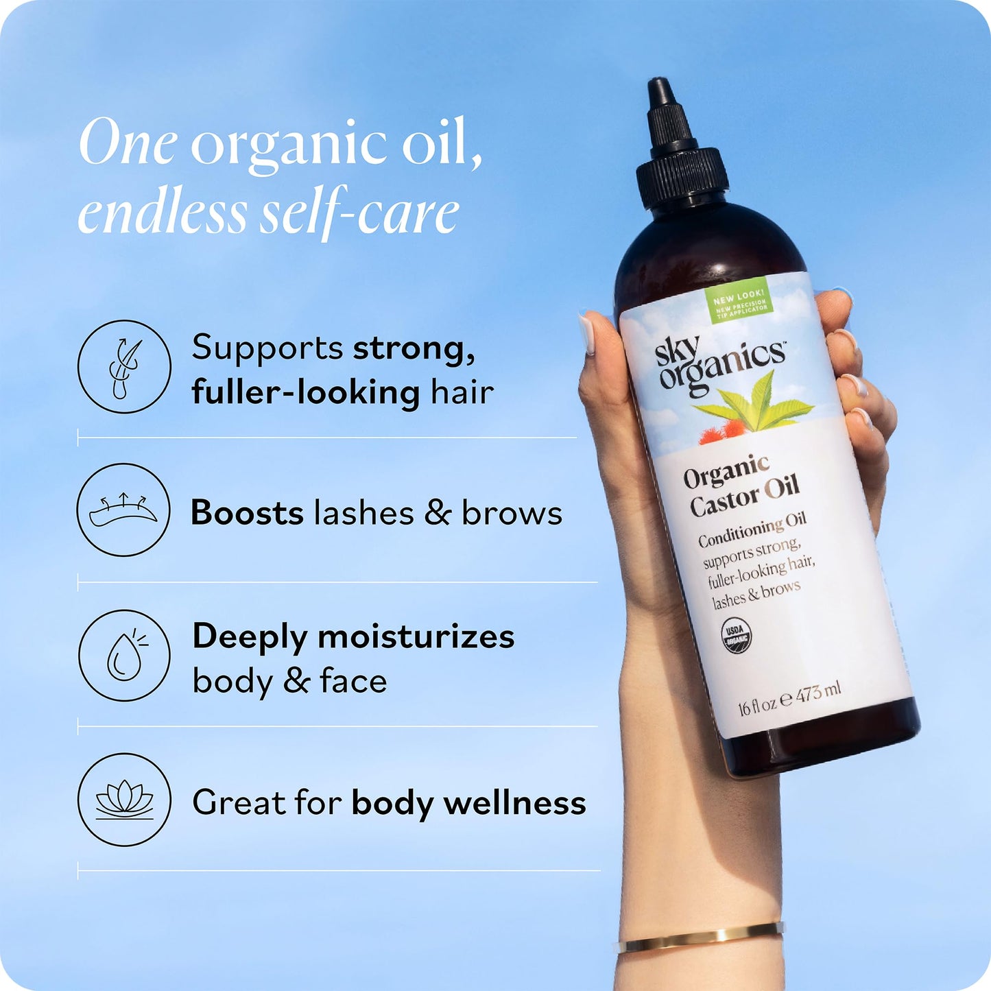 Sky Organics Castor Oil - USDA Organic Hair Growth Oil, Skin & Lashes - Cold-Pressed 16oz