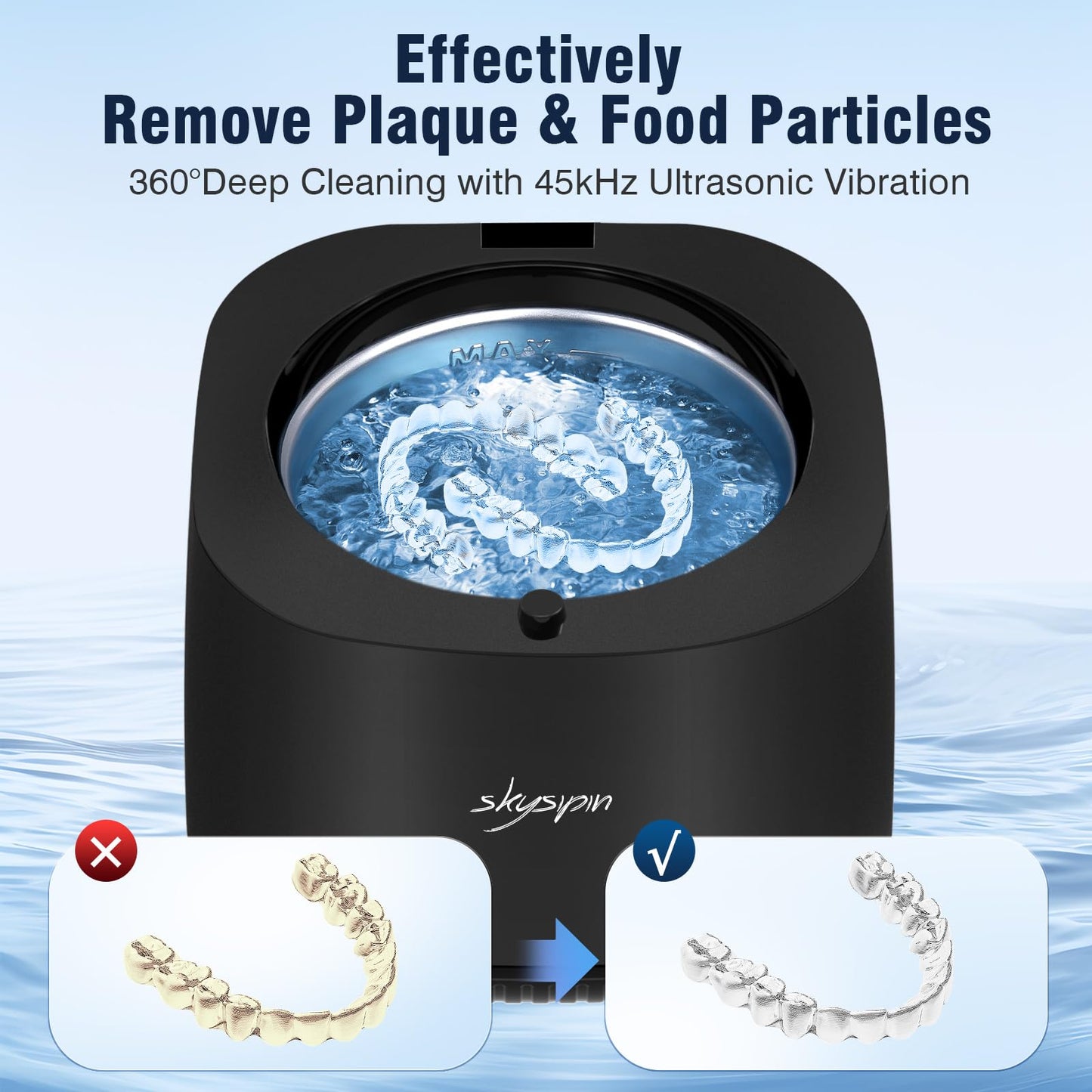Skysipin Ultrasonic Retainer Cleaner – 45KHz, 2 Modes, 6.8oz, Black
