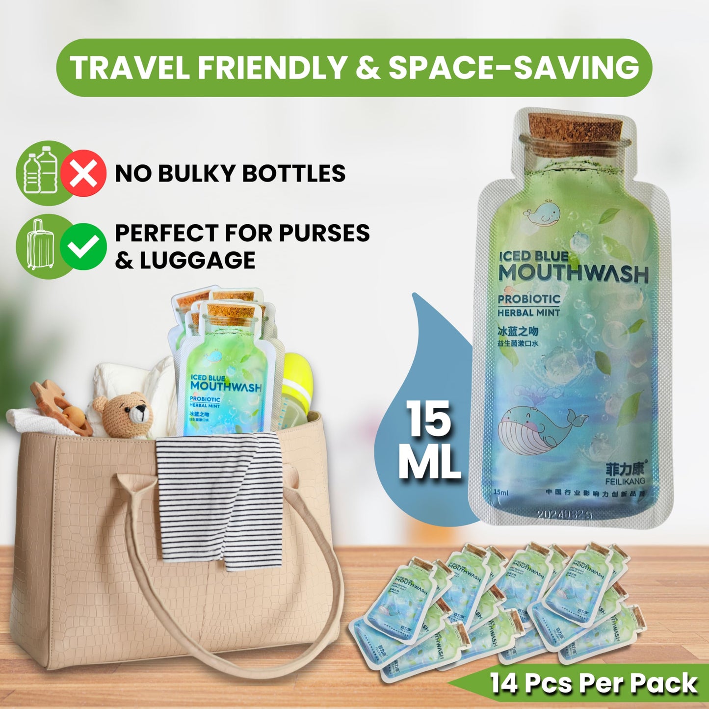 Skywin Travel Size Mouthwash Packets – Mint, 14-Count, TSA-Friendly 15 ml Per Packet