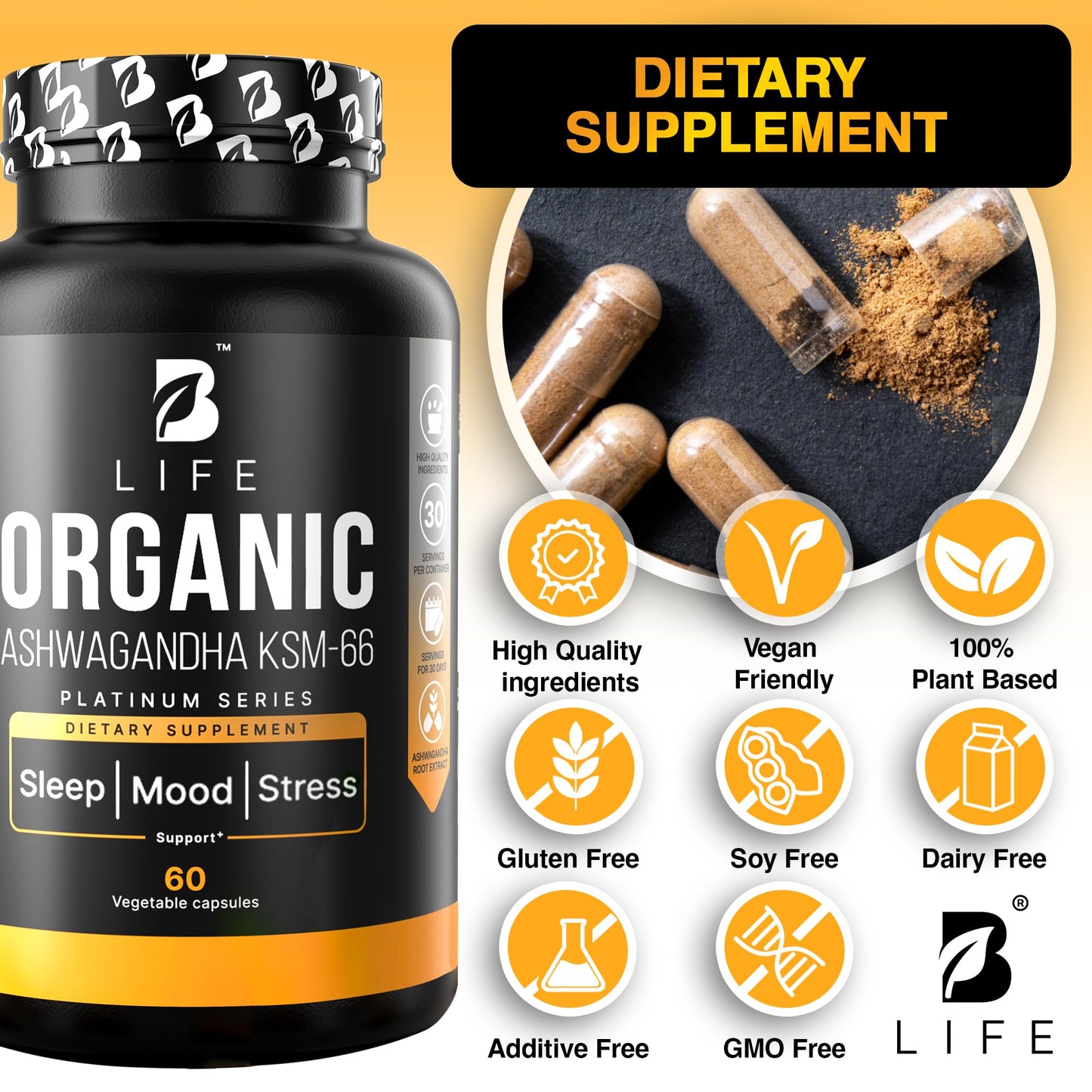 Organic Ashwagandha KSM-66 1000 mg Supplement | Adaptogen for Cortisol Support & Stress Relief | Mood, Calm & Sleep Aid for Men & Women | Ashwagandha ritual vitamins for women | 60 Vegan Caps