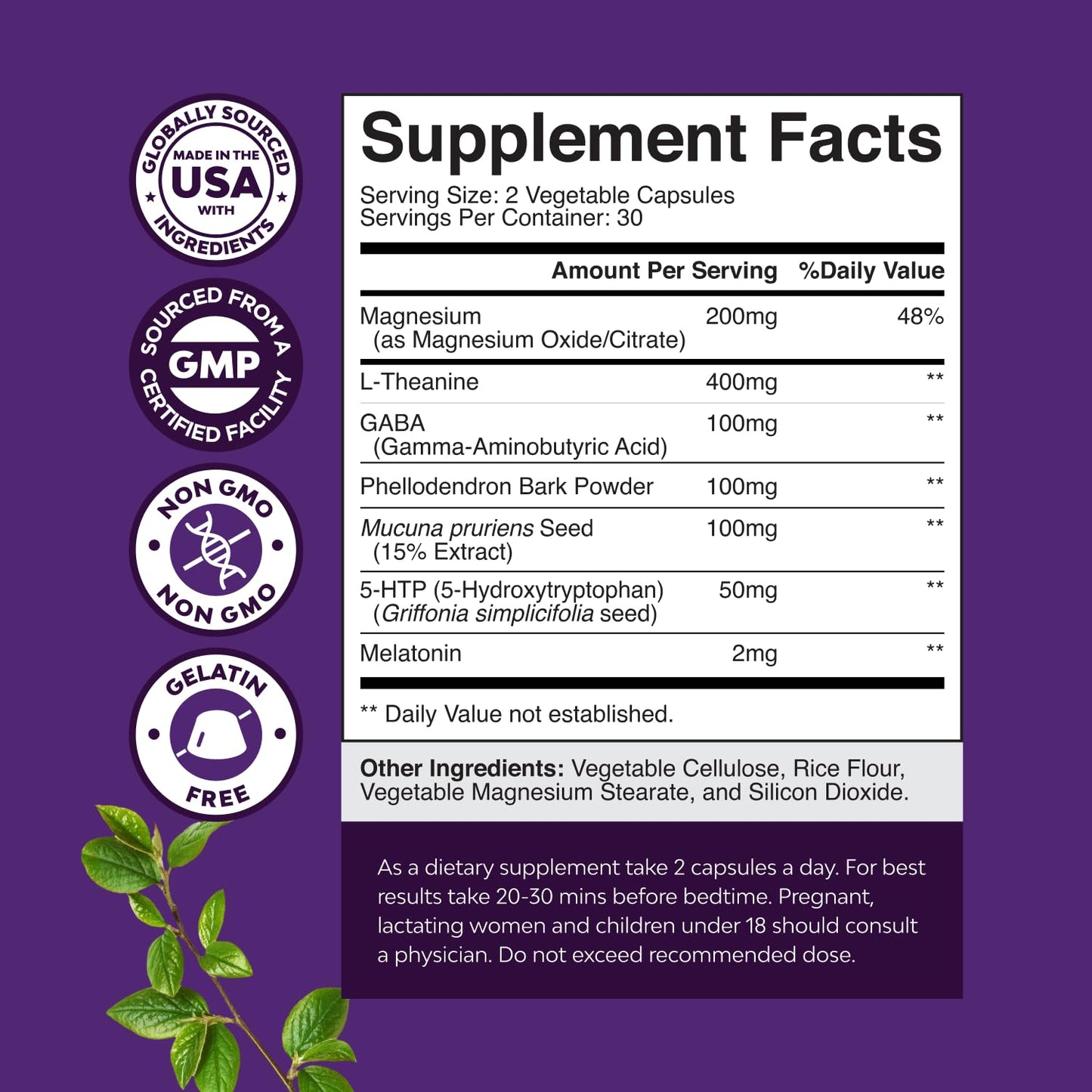 Natural Refreshing Sleep Formula – Non Addictive Herbal Sleep Supplement with Magnesium, L-Theanine & GABA | Pack of 2