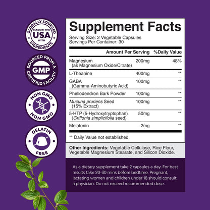 Natural Refreshing Sleep Formula – Non Addictive Herbal Sleep Supplement with Magnesium, L-Theanine & GABA | Pack of 2