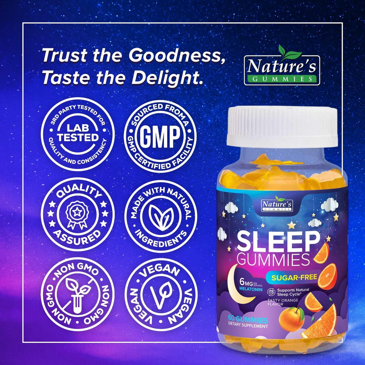 Sleep Gummies 6mg – Sugar-Free Melatonin for Adults & Kids (Orange, 60 Gummies)