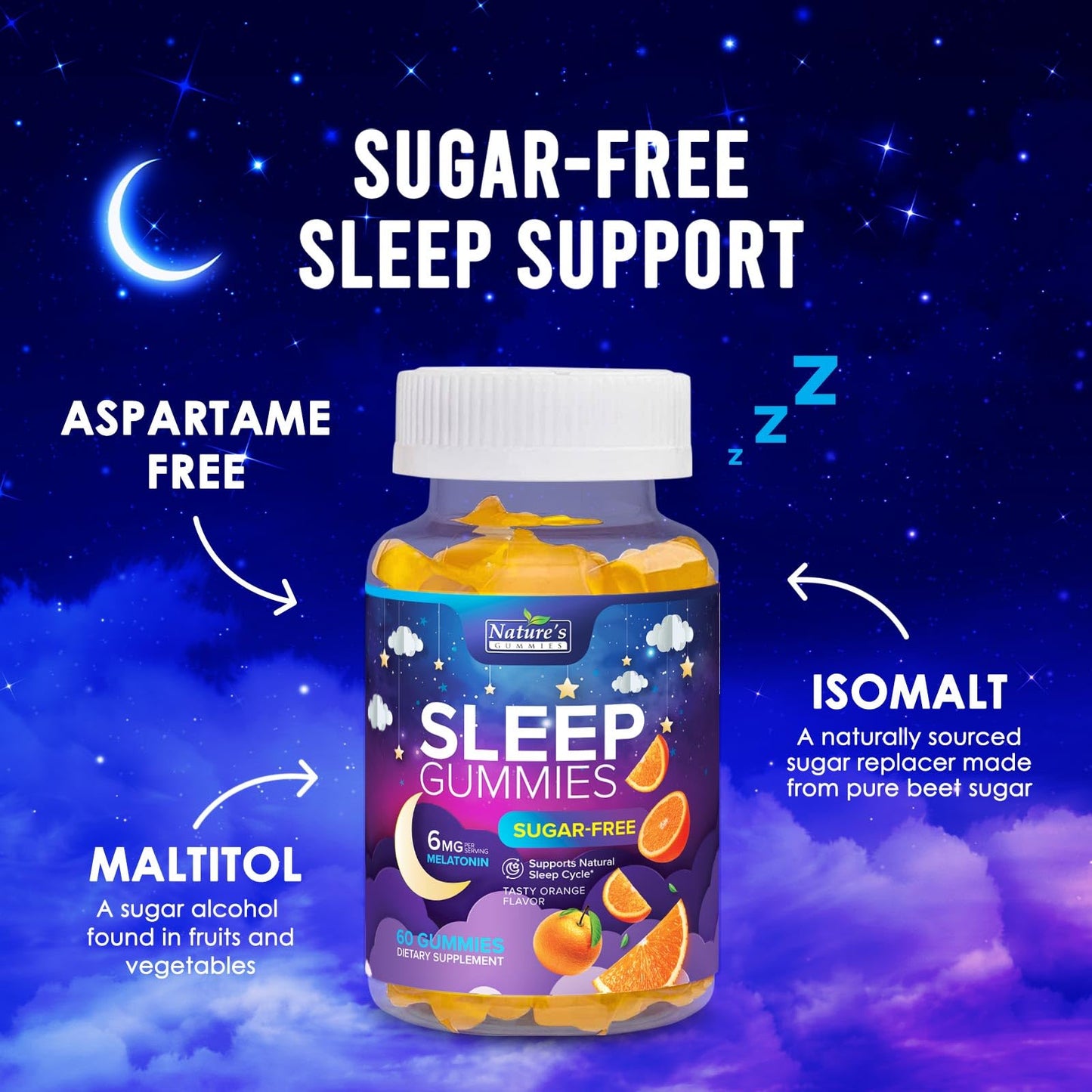 Sleep Gummies 6mg – Sugar-Free Melatonin for Adults & Kids (Orange, 60 Gummies)