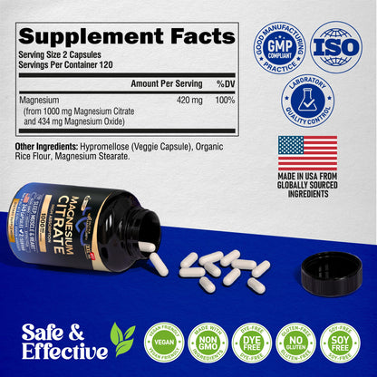 Magnesium Citrate Capsules 1000mg - High Absorption | Sleep, Muscle & Heart Support - Vegan, Non-GMO - Made in USA - 240 Capsules