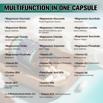 25-in-1 Magnesium Complex with Methylated B-Complex – 120 Vegan Caps | Totaria