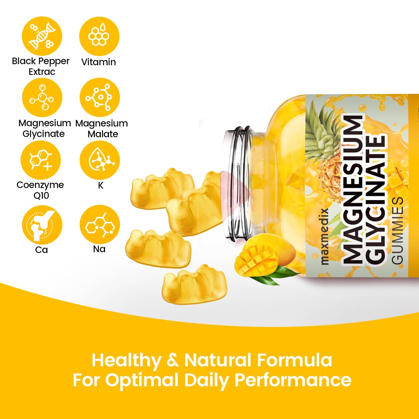 Magnesium Glycinate Gummies 1000mg – Sugar Free, Potassium Support (90 Mango Pineapple Gummies)
