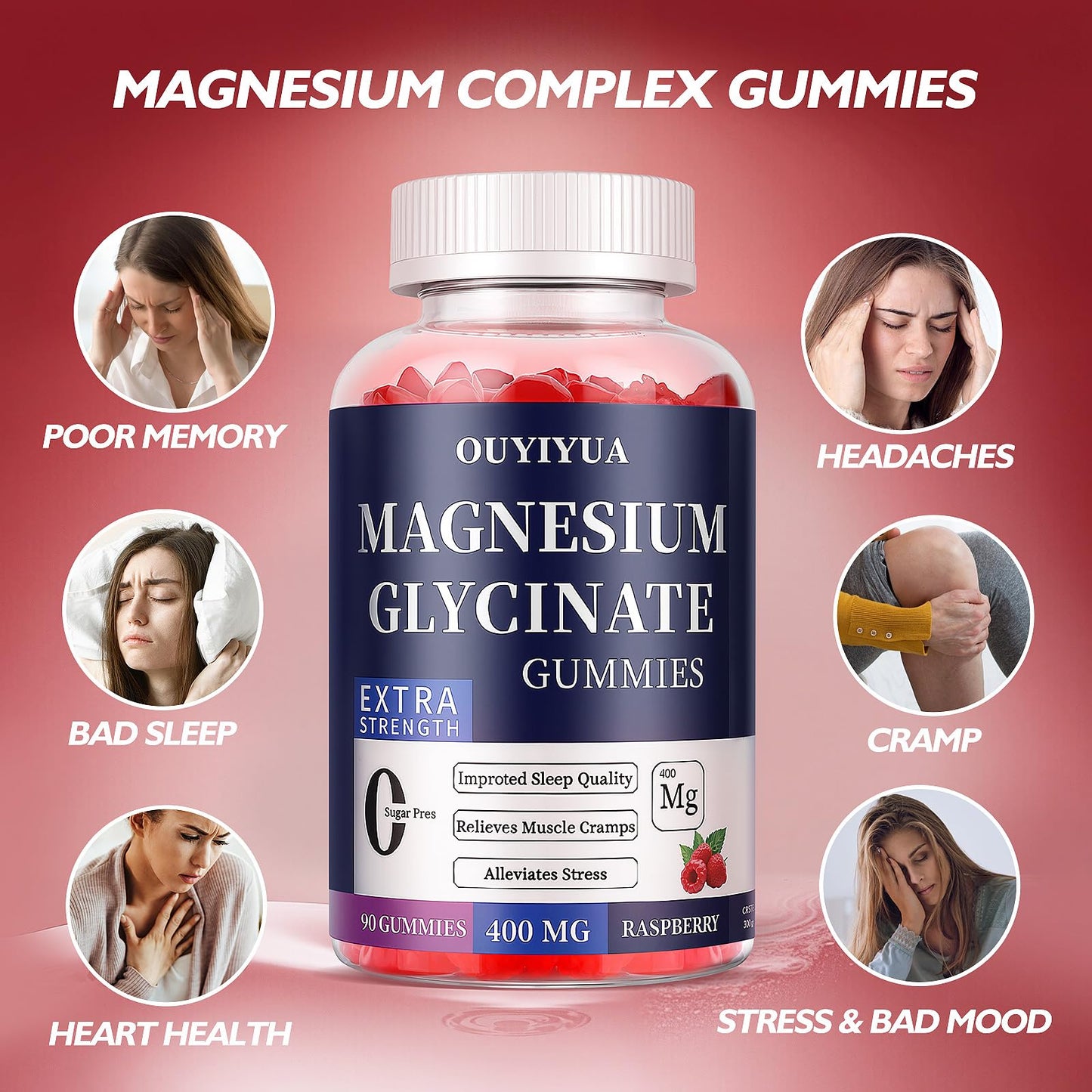 Magnesium Glycinate 400mg Gummies, Sugar Free Magnesium Gummies with Vitamins D, B6 for Sleep Support, Stress and Muscle Relief for Men and Women, 90 Count
