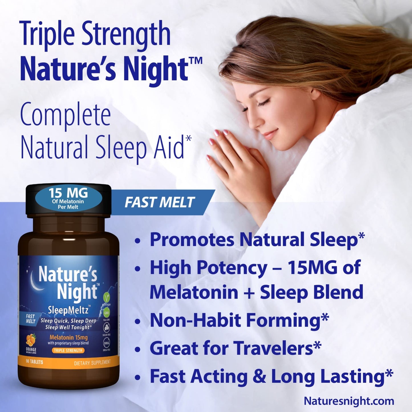 Nature's Night Melatonin 15mg Quick-Dissolve | Triple Strength Sleep Support, Orange Flavor, 90 Count – Sugar Free, Vegan, Non-GMO, Drug Free