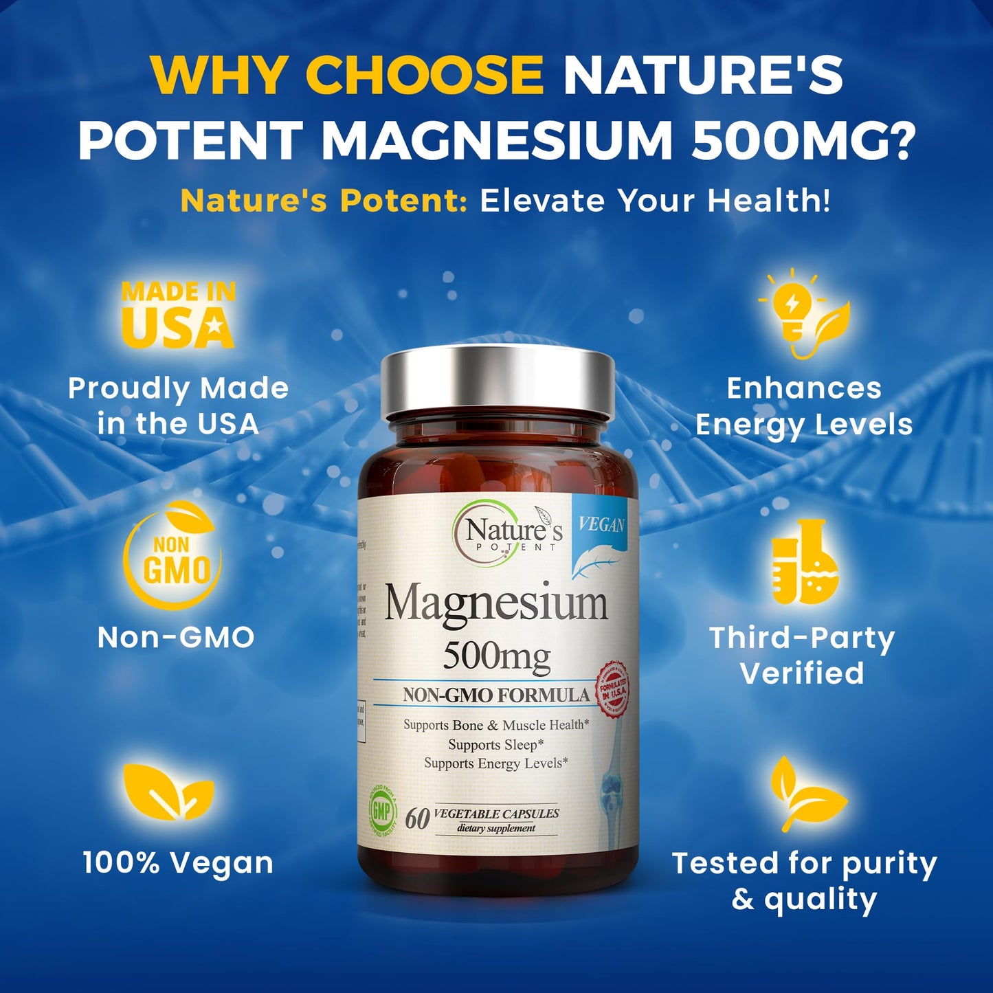 Nature's Potent Magnesium Supplements | Magnesium Citrate & Oxide 500mg | Vegan, USA Made, Sleep Support - 60 Veggie Capsules