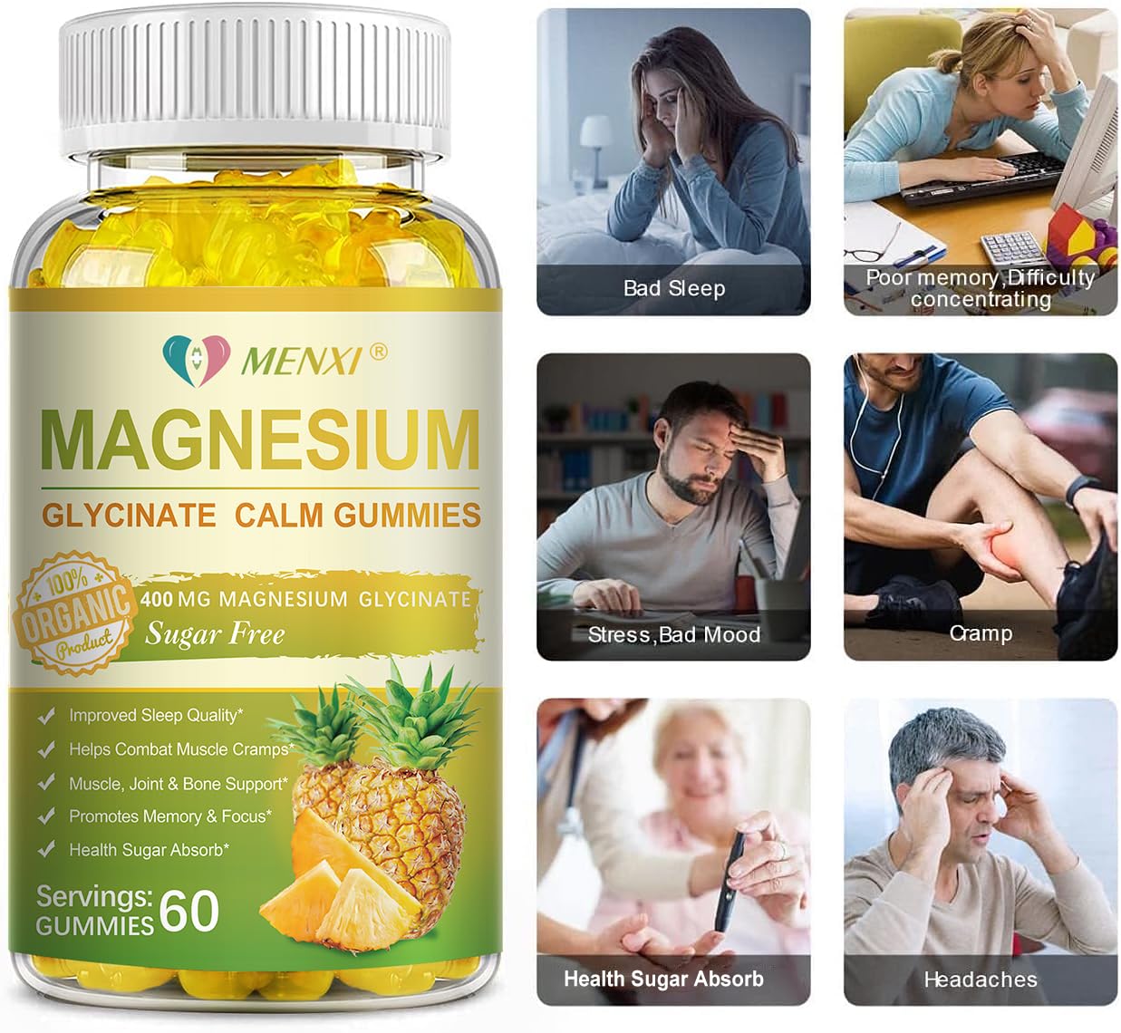 Magnesium Glycinate Gummies 400mg + Taurate, Sugar Free Pineapple - 60 Gummies with Vitamin D, B6, CoQ10 | Sleep & Relaxation