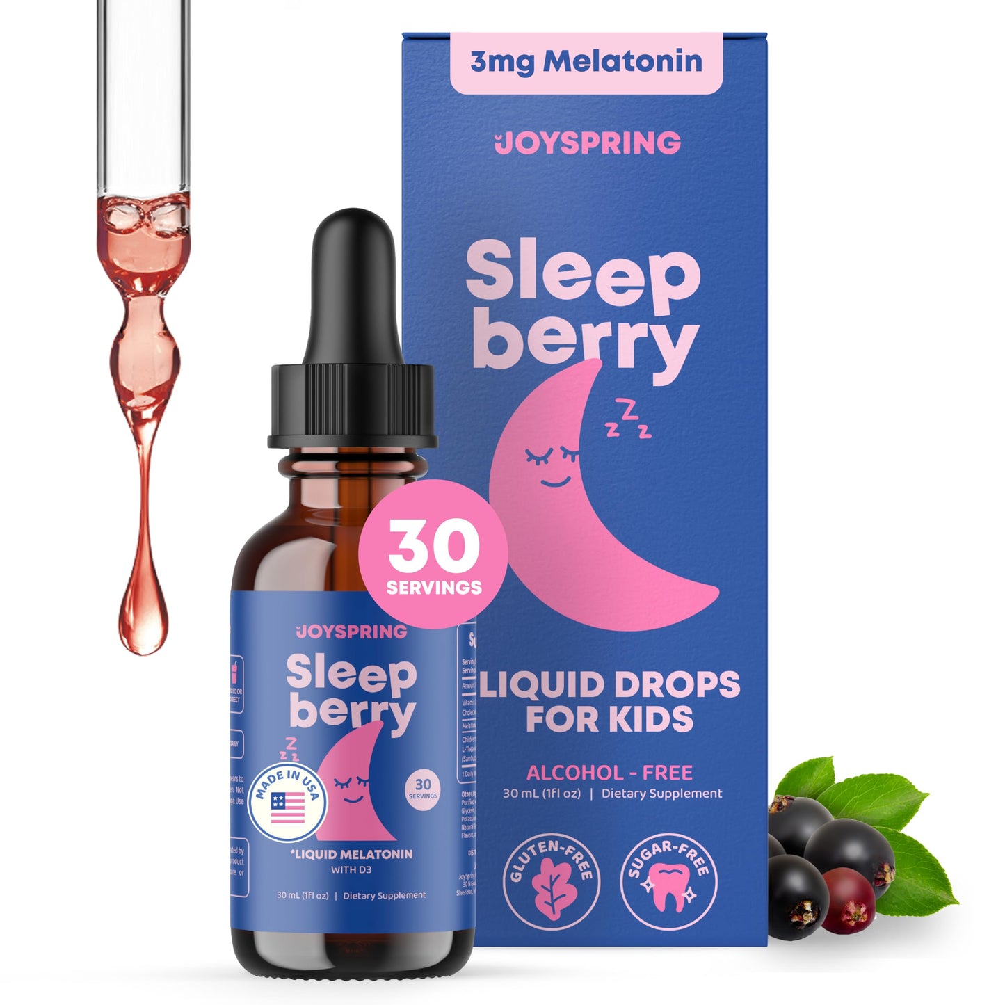 SleepBerry Kids Liquid Melatonin – Natural Sleep Aid with Elderberry & Vitamin D (1 fl oz)