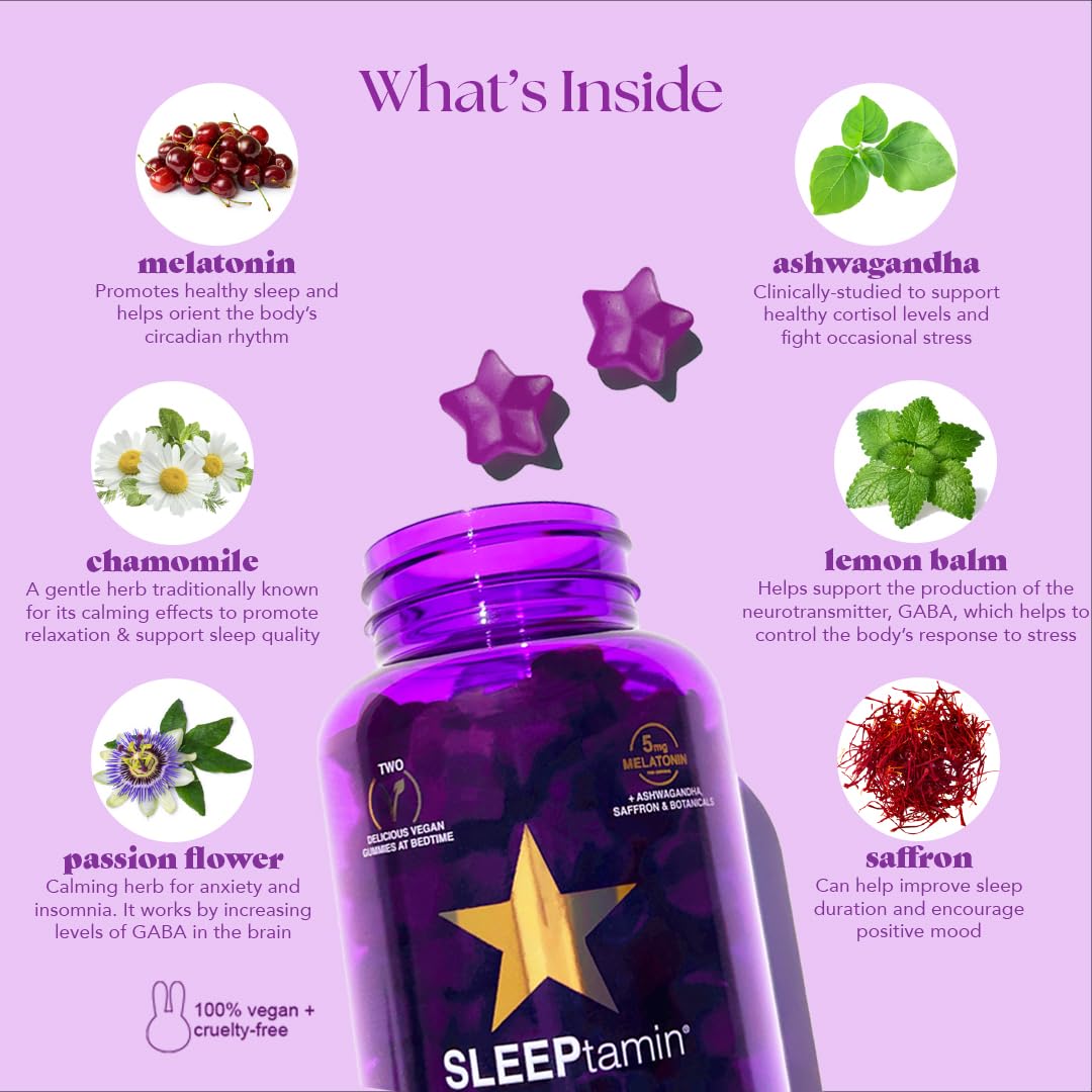 SLEEPtamin Melatonin Gummies 5mg | Chamomile & Ashwagandha for Relaxation | 60 Vegan Gummies