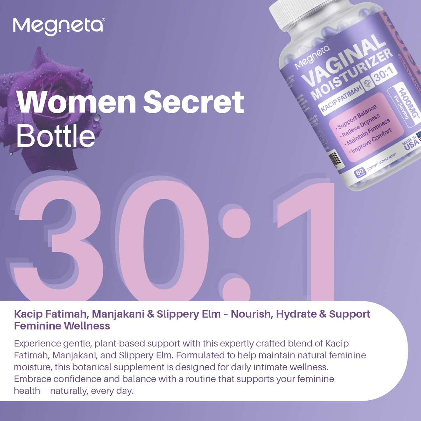 MEGNETA Vaginal Moisturizer Capsules – Kacip Fatimah 1000mg & Manjakani 200mg, Slippery Elm, Vegan (120 Capsules)