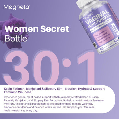 MEGNETA Vaginal Moisturizer Capsules – Kacip Fatimah 1000mg & Manjakani 200mg, Slippery Elm, Vegan (120 Capsules)