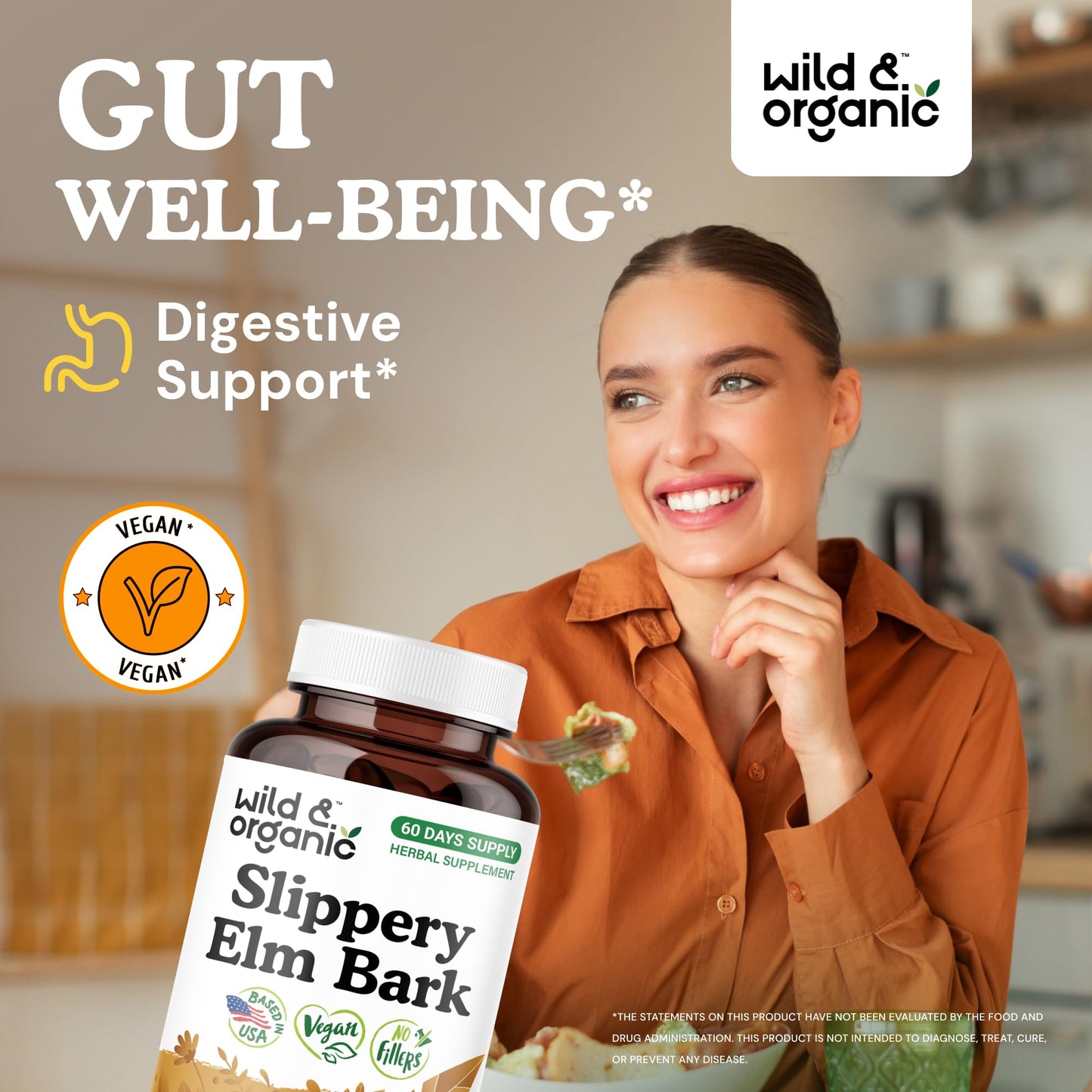 Wild & Organic Slippery Elm Bark Capsules 1000 mg – 120 Count | Digestive, Lung & Women's Support | Vegan, Non-GMO